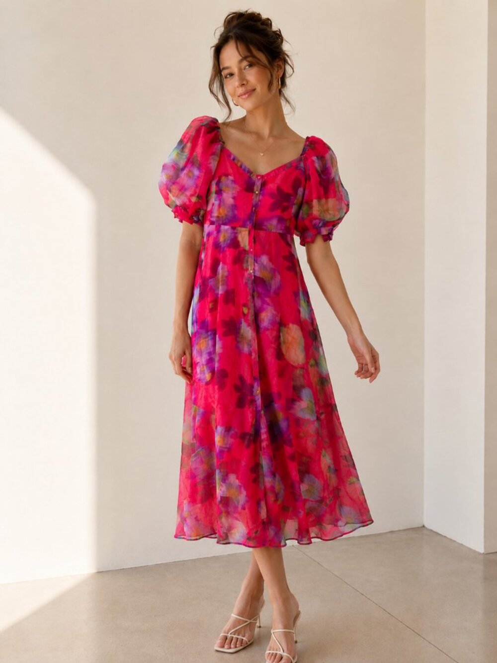 Coast Floral Chiffon Puff Sleeve Midi Dress Summer Wedding 14